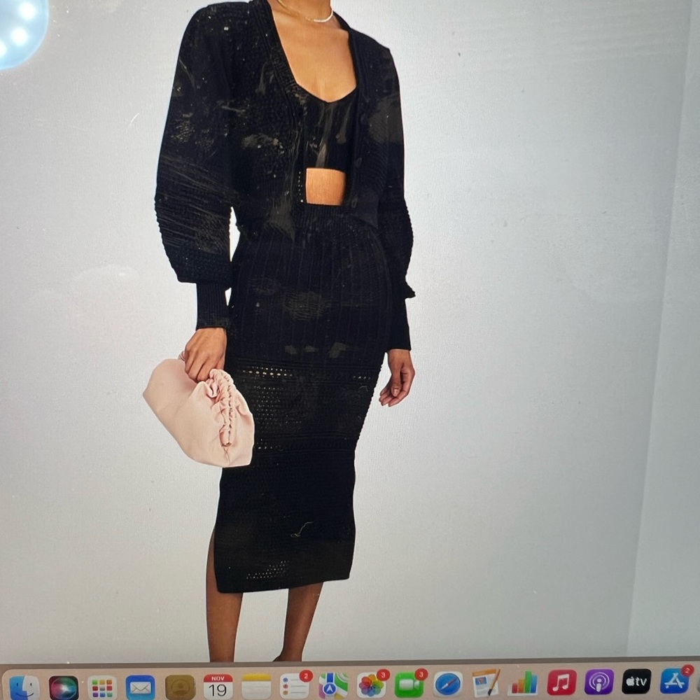 Intermix Alena Crochet knit midi skirt, cardigan, and bra top
